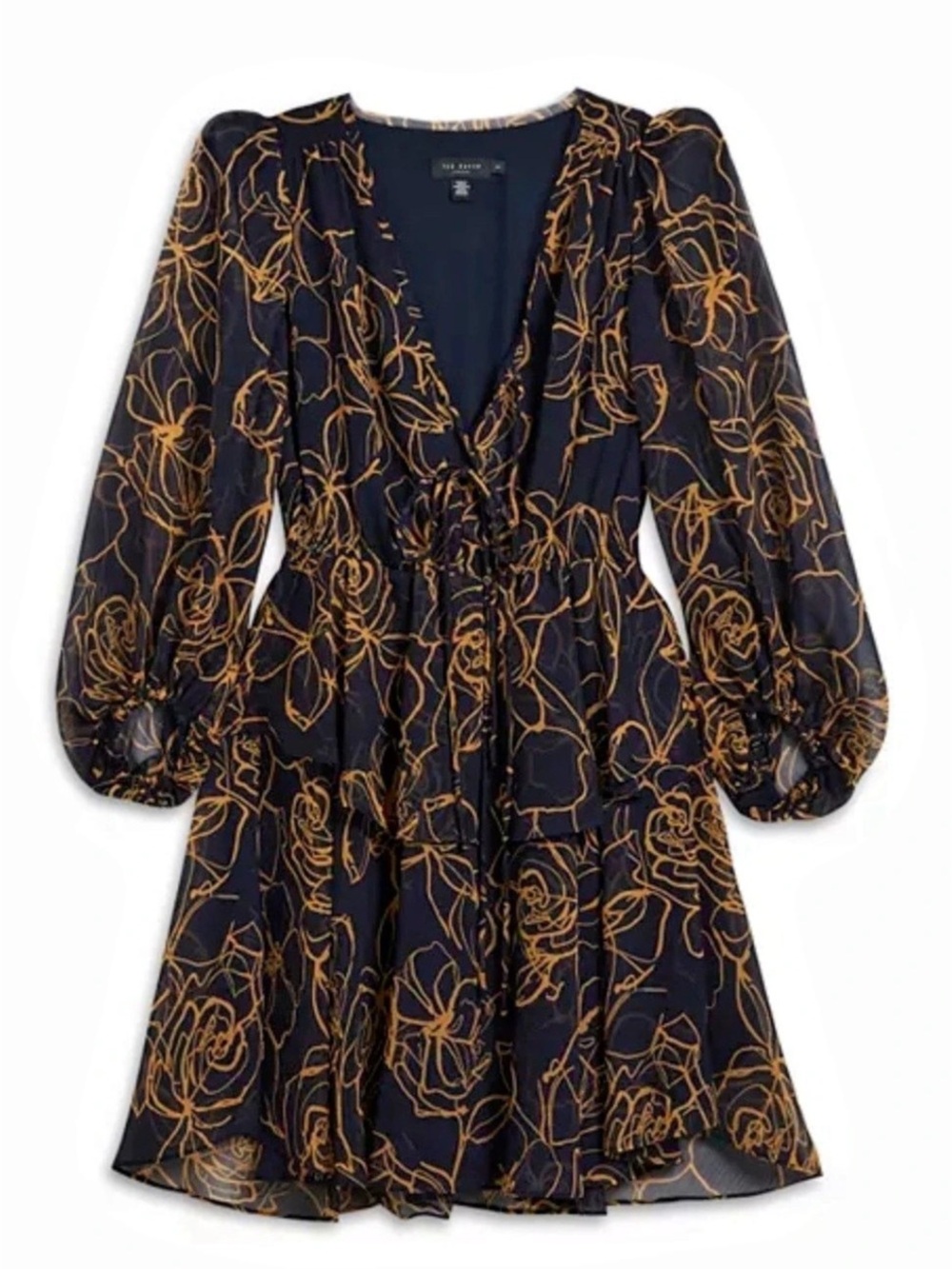 Kumiko Outline Flower Print Mini Dress Floral Mini Dress in Blue & Gold Size 2 L